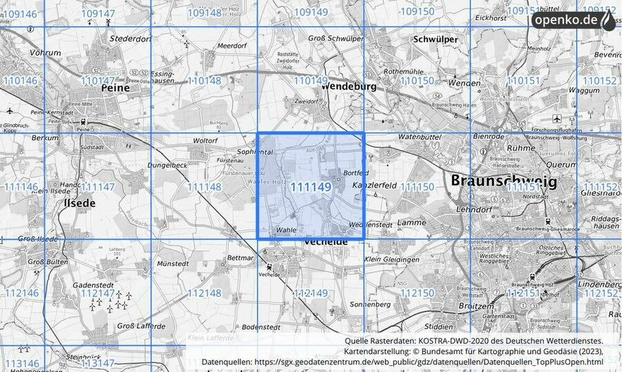 Übersichtskarte des KOSTRA-DWD-2020-Rasterfeldes Nr. 111149