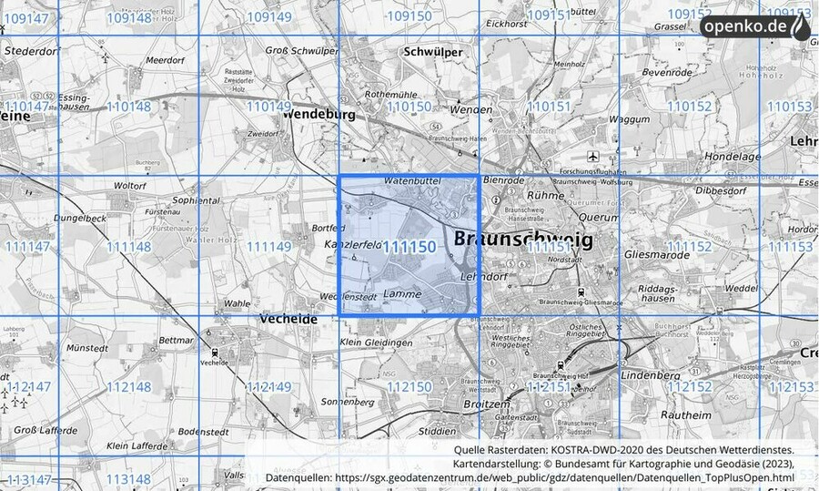 Übersichtskarte des KOSTRA-DWD-2020-Rasterfeldes Nr. 111150