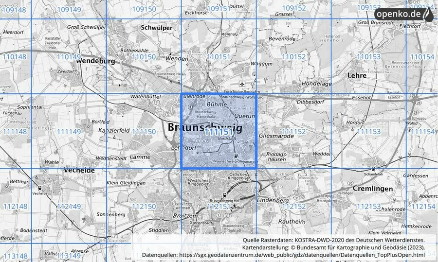 Übersichtskarte des KOSTRA-DWD-2020-Rasterfeldes Nr. 111151