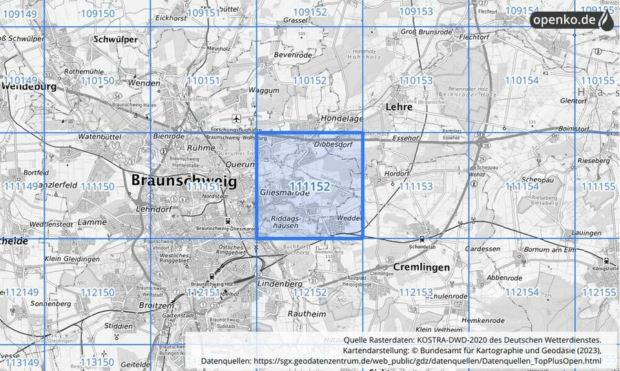 Übersichtskarte des KOSTRA-DWD-2020-Rasterfeldes Nr. 111152