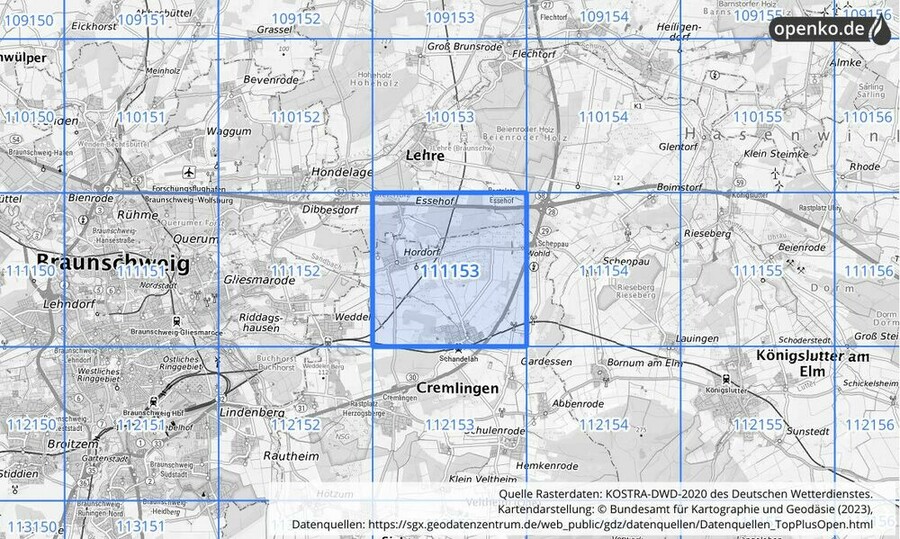 Übersichtskarte des KOSTRA-DWD-2020-Rasterfeldes Nr. 111153