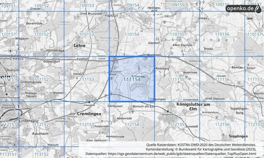 Übersichtskarte des KOSTRA-DWD-2020-Rasterfeldes Nr. 111154