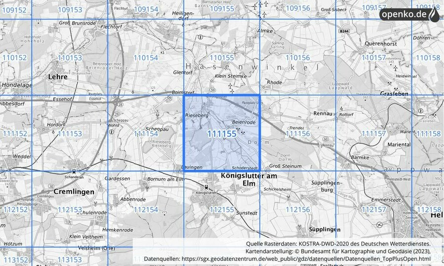 Übersichtskarte des KOSTRA-DWD-2020-Rasterfeldes Nr. 111155