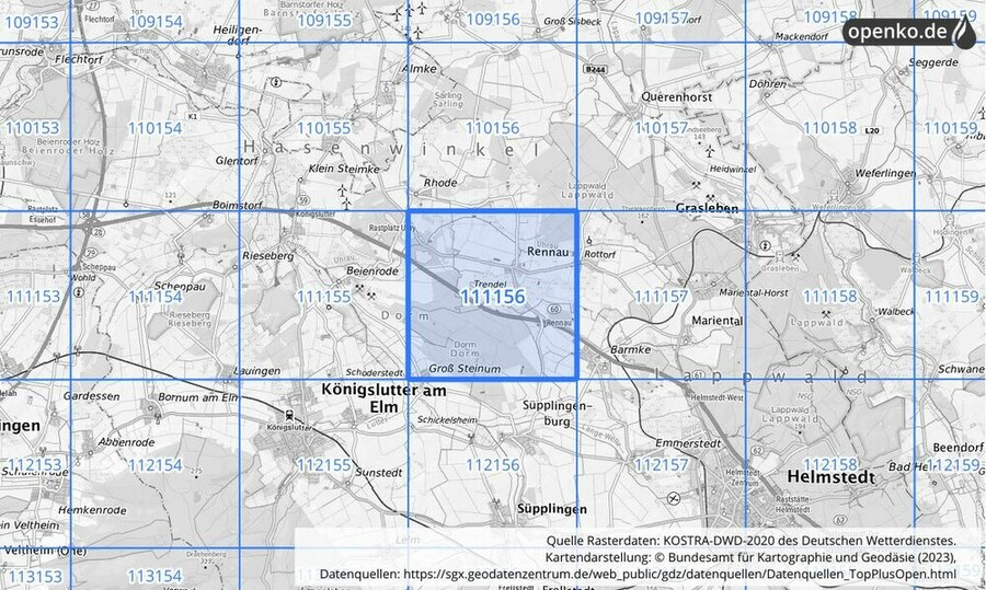 Übersichtskarte des KOSTRA-DWD-2020-Rasterfeldes Nr. 111156