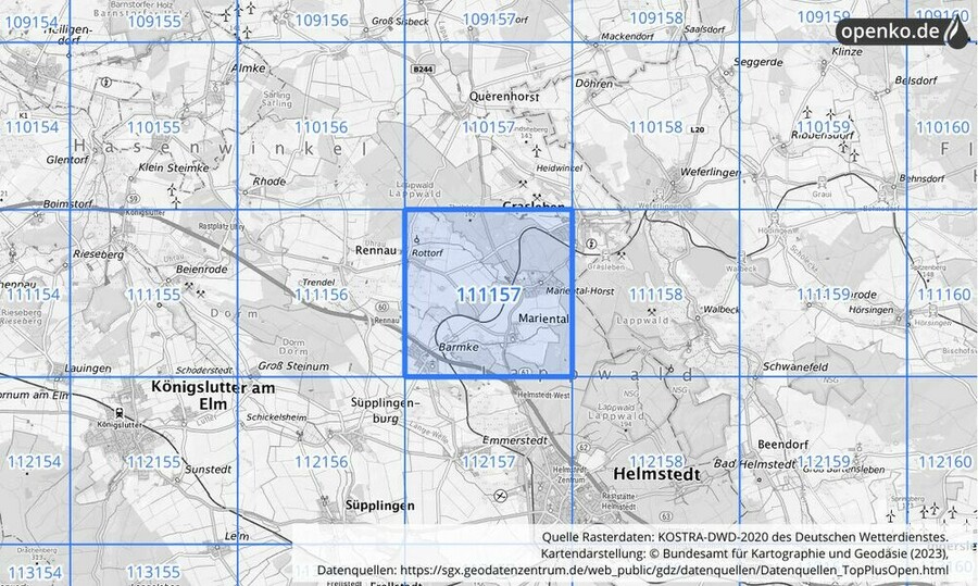 Übersichtskarte des KOSTRA-DWD-2020-Rasterfeldes Nr. 111157