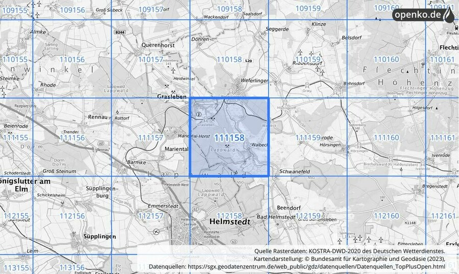 Übersichtskarte des KOSTRA-DWD-2020-Rasterfeldes Nr. 111158