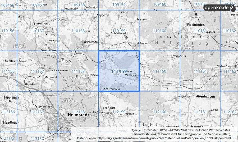 Übersichtskarte des KOSTRA-DWD-2020-Rasterfeldes Nr. 111159