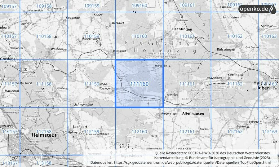 Übersichtskarte des KOSTRA-DWD-2020-Rasterfeldes Nr. 111160