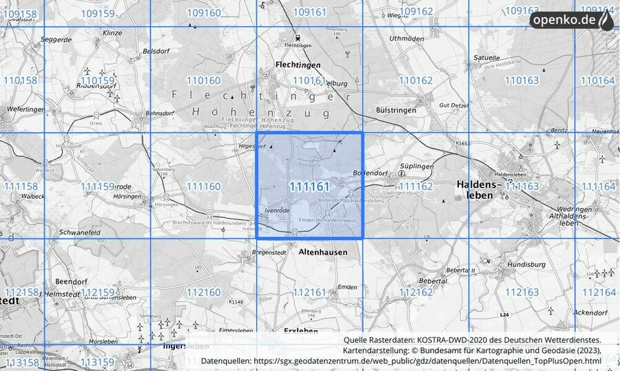 Übersichtskarte des KOSTRA-DWD-2020-Rasterfeldes Nr. 111161