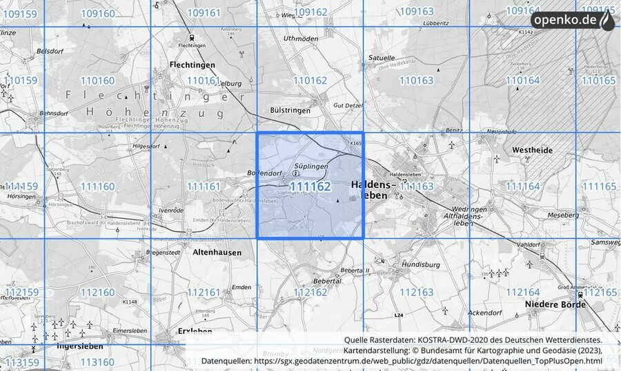 Übersichtskarte des KOSTRA-DWD-2020-Rasterfeldes Nr. 111162