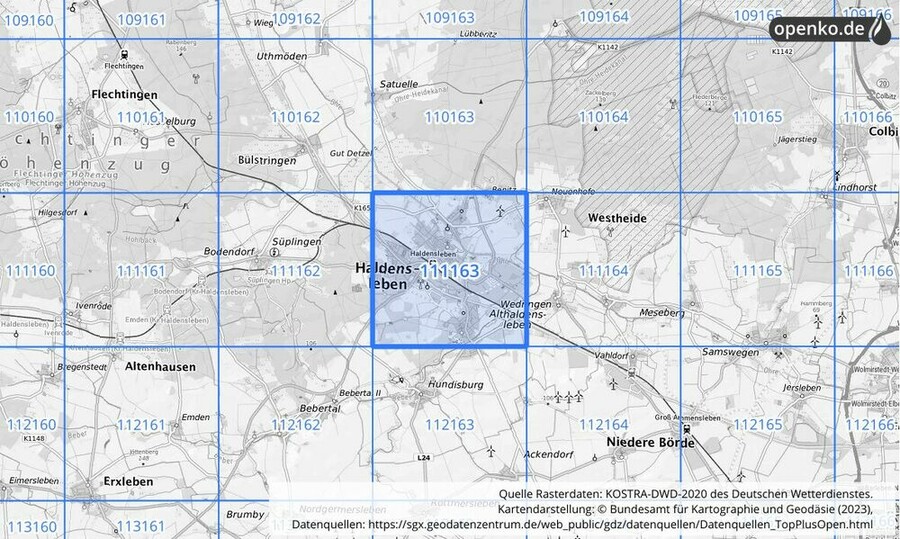 Übersichtskarte des KOSTRA-DWD-2020-Rasterfeldes Nr. 111163