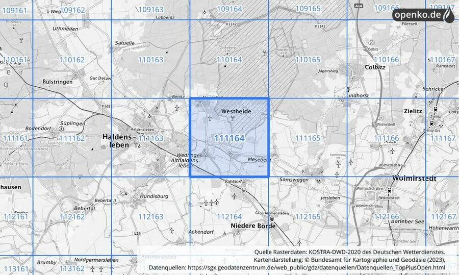 Übersichtskarte des KOSTRA-DWD-2020-Rasterfeldes Nr. 111164