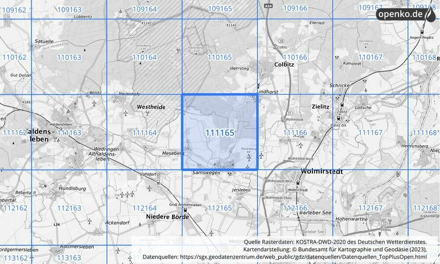 Übersichtskarte des KOSTRA-DWD-2020-Rasterfeldes Nr. 111165