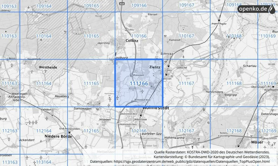 Übersichtskarte des KOSTRA-DWD-2020-Rasterfeldes Nr. 111166