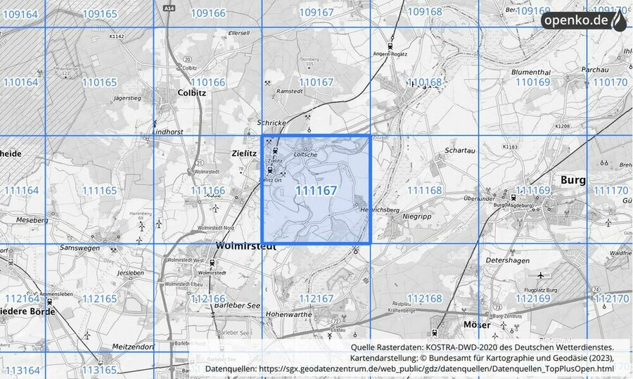 Übersichtskarte des KOSTRA-DWD-2020-Rasterfeldes Nr. 111167