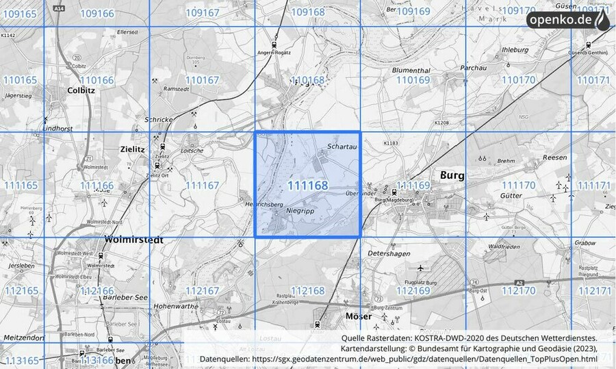 Übersichtskarte des KOSTRA-DWD-2020-Rasterfeldes Nr. 111168