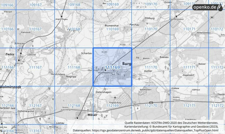 Übersichtskarte des KOSTRA-DWD-2020-Rasterfeldes Nr. 111169