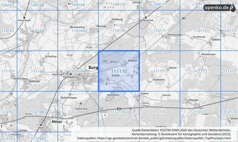 Übersichtskarte des KOSTRA-DWD-2020-Rasterfeldes Nr. 111170