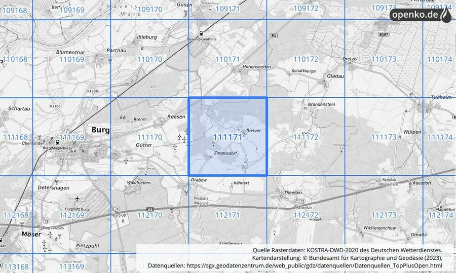 Übersichtskarte des KOSTRA-DWD-2020-Rasterfeldes Nr. 111171