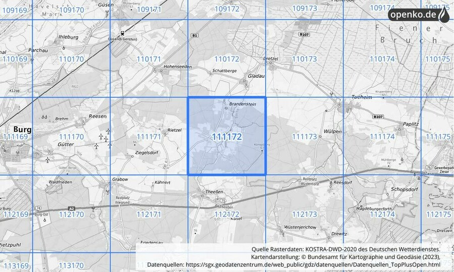 Übersichtskarte des KOSTRA-DWD-2020-Rasterfeldes Nr. 111172