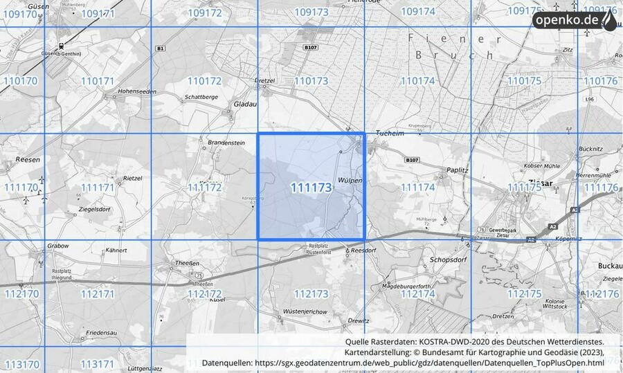 Übersichtskarte des KOSTRA-DWD-2020-Rasterfeldes Nr. 111173