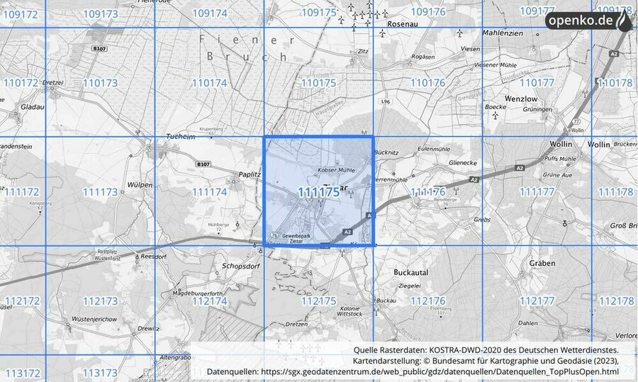 Übersichtskarte des KOSTRA-DWD-2020-Rasterfeldes Nr. 111175