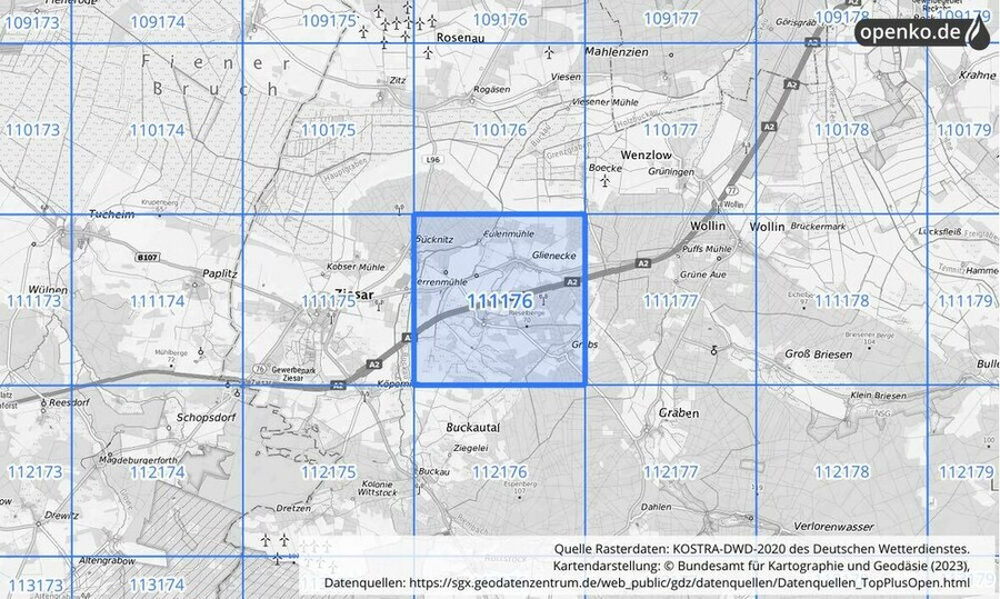 Übersichtskarte des KOSTRA-DWD-2020-Rasterfeldes Nr. 111176