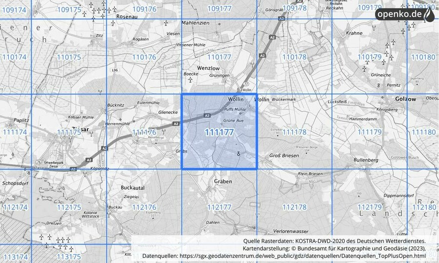 Übersichtskarte des KOSTRA-DWD-2020-Rasterfeldes Nr. 111177