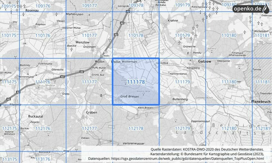 Übersichtskarte des KOSTRA-DWD-2020-Rasterfeldes Nr. 111178