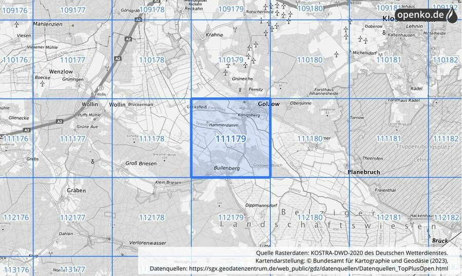 Übersichtskarte des KOSTRA-DWD-2020-Rasterfeldes Nr. 111179