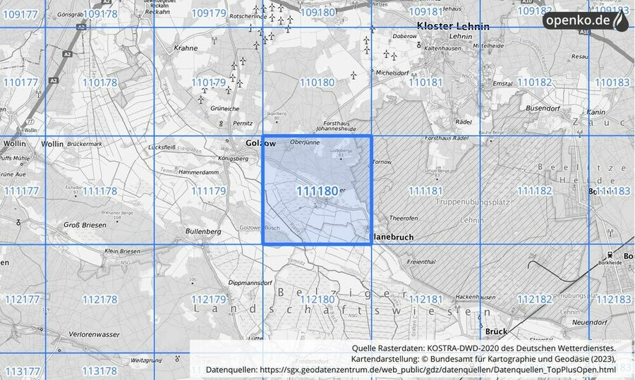 Übersichtskarte des KOSTRA-DWD-2020-Rasterfeldes Nr. 111180