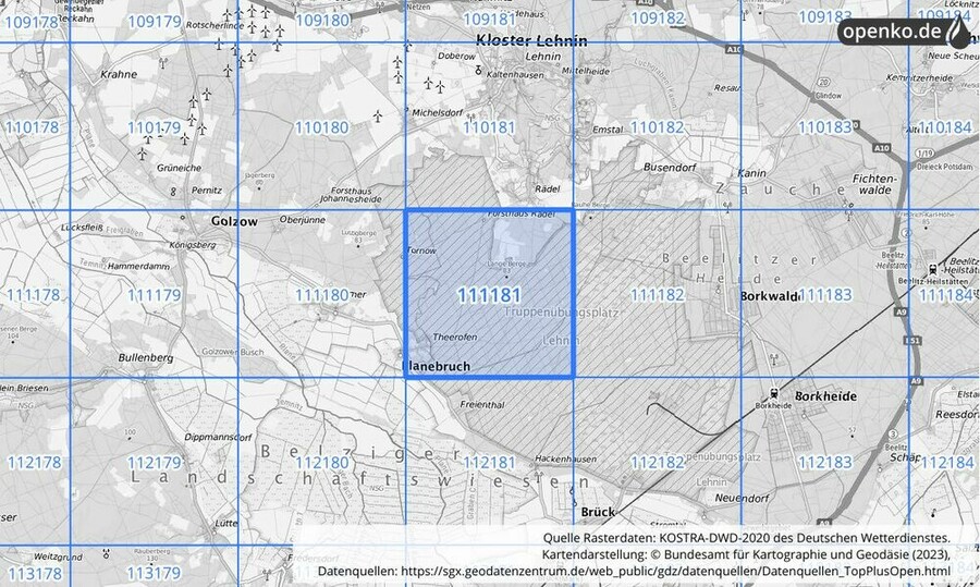 Übersichtskarte des KOSTRA-DWD-2020-Rasterfeldes Nr. 111181