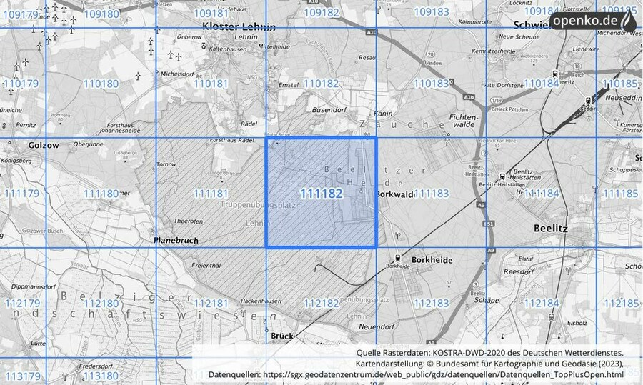 Übersichtskarte des KOSTRA-DWD-2020-Rasterfeldes Nr. 111182