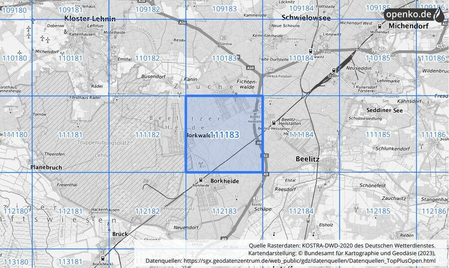 Übersichtskarte des KOSTRA-DWD-2020-Rasterfeldes Nr. 111183