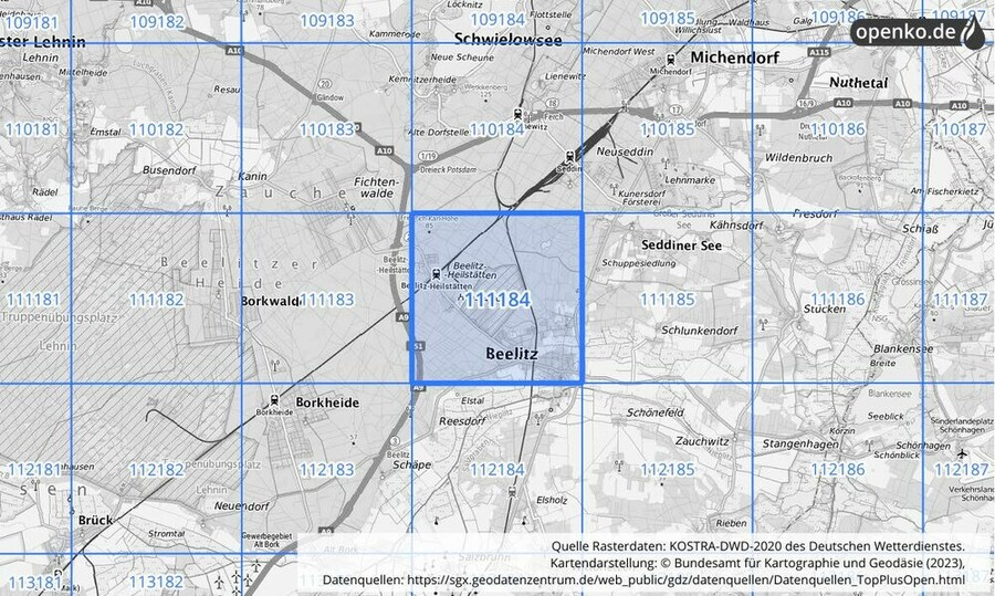 Übersichtskarte des KOSTRA-DWD-2020-Rasterfeldes Nr. 111184