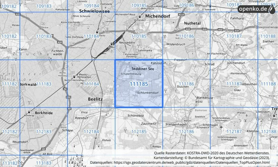 Übersichtskarte des KOSTRA-DWD-2020-Rasterfeldes Nr. 111185