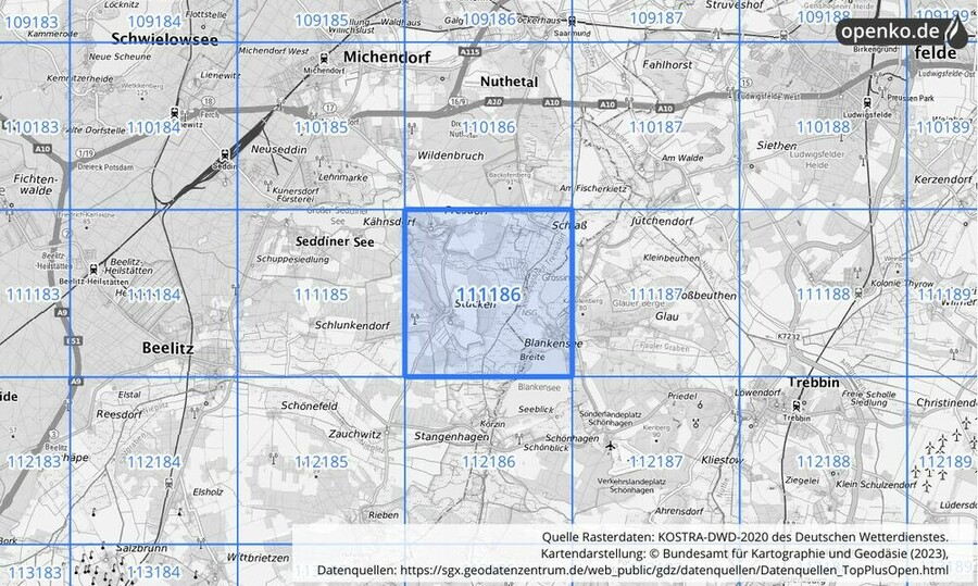 Übersichtskarte des KOSTRA-DWD-2020-Rasterfeldes Nr. 111186