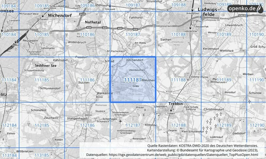 Übersichtskarte des KOSTRA-DWD-2020-Rasterfeldes Nr. 111187