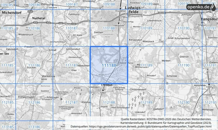 Übersichtskarte des KOSTRA-DWD-2020-Rasterfeldes Nr. 111188