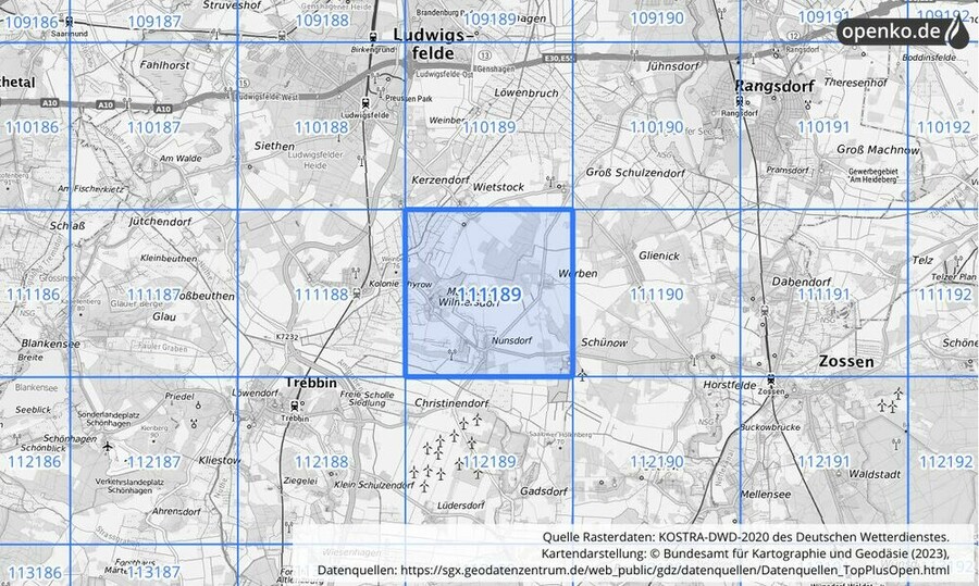 Übersichtskarte des KOSTRA-DWD-2020-Rasterfeldes Nr. 111189
