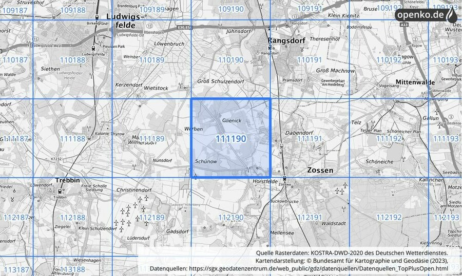 Übersichtskarte des KOSTRA-DWD-2020-Rasterfeldes Nr. 111190