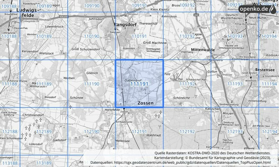 Übersichtskarte des KOSTRA-DWD-2020-Rasterfeldes Nr. 111191