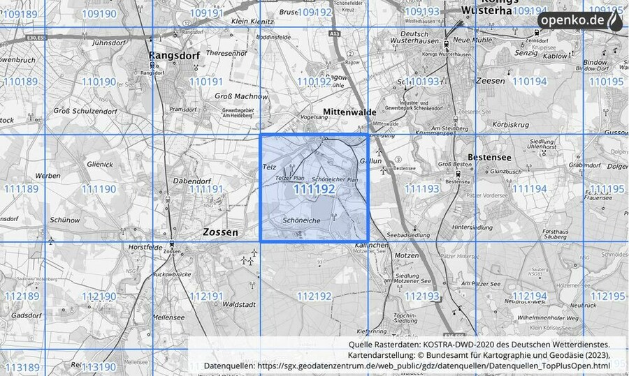 Übersichtskarte des KOSTRA-DWD-2020-Rasterfeldes Nr. 111192