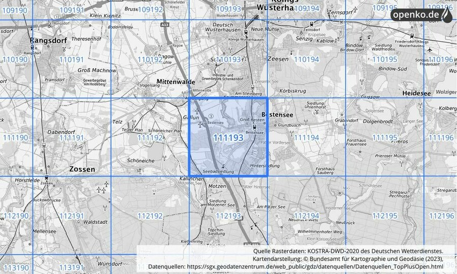 Übersichtskarte des KOSTRA-DWD-2020-Rasterfeldes Nr. 111193