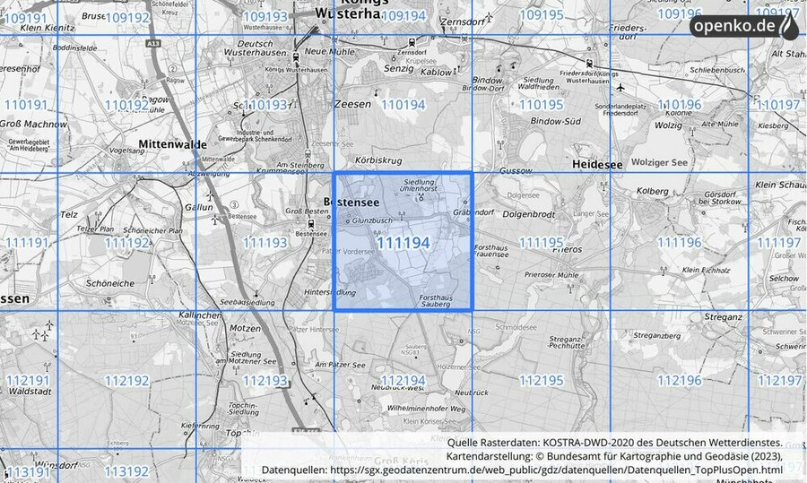 Übersichtskarte des KOSTRA-DWD-2020-Rasterfeldes Nr. 111194