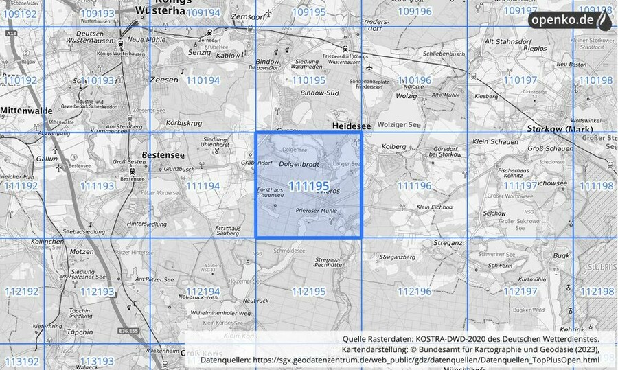 Übersichtskarte des KOSTRA-DWD-2020-Rasterfeldes Nr. 111195