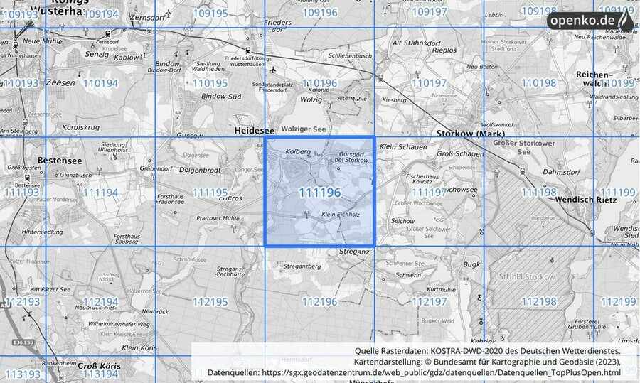 Übersichtskarte des KOSTRA-DWD-2020-Rasterfeldes Nr. 111196