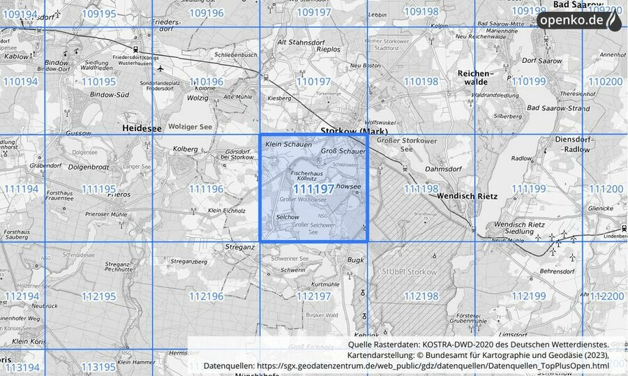 Übersichtskarte des KOSTRA-DWD-2020-Rasterfeldes Nr. 111197