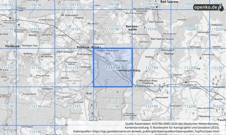 Übersichtskarte des KOSTRA-DWD-2020-Rasterfeldes Nr. 111198