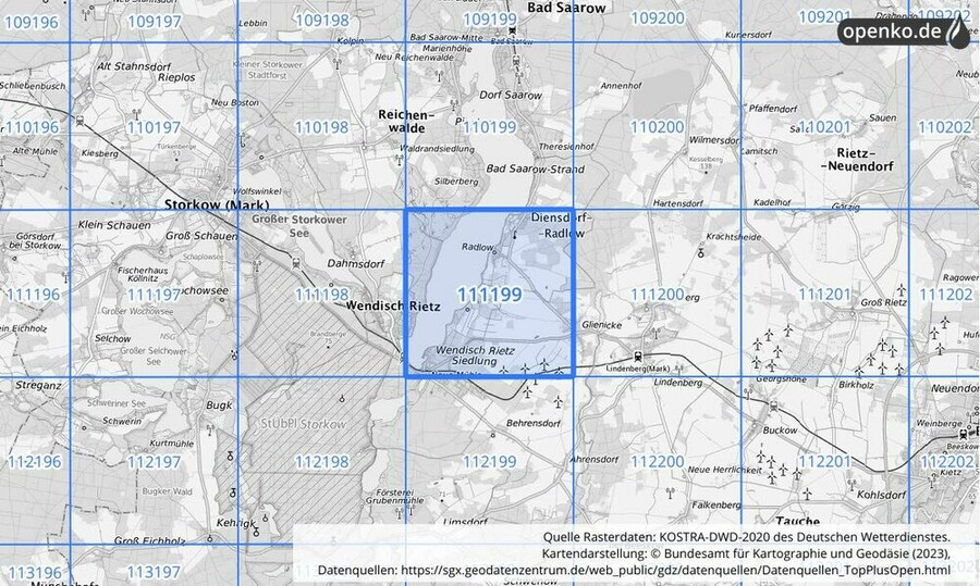 Übersichtskarte des KOSTRA-DWD-2020-Rasterfeldes Nr. 111199